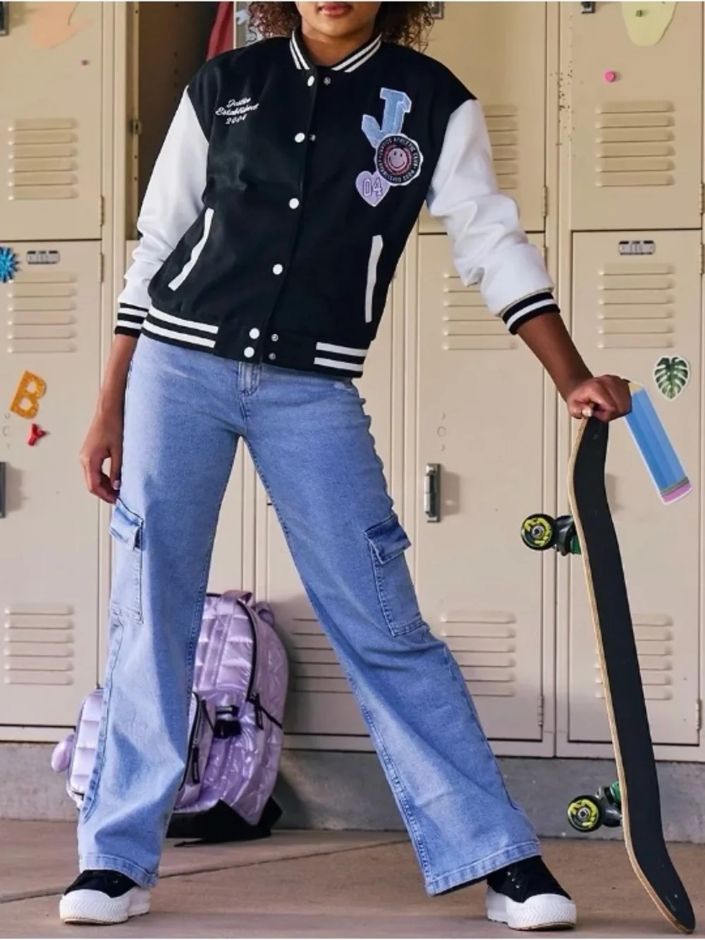 NWT - Justice Black and White Letterman Bomber Jacket with Patches